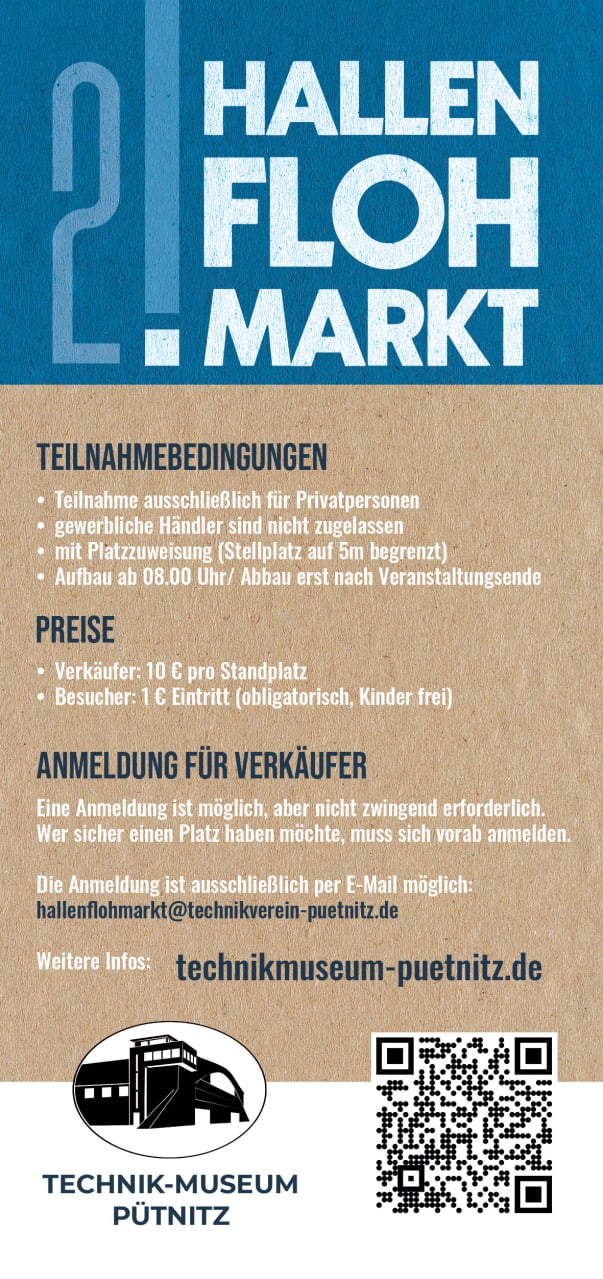 Flyer zum 1. Hallenflohmarkt im Technik-Museum Pütnitz (Rückseite)